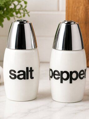 Modern Minimalist Salt & Pepper Shakers Set White Ceramic Chrome Tops
